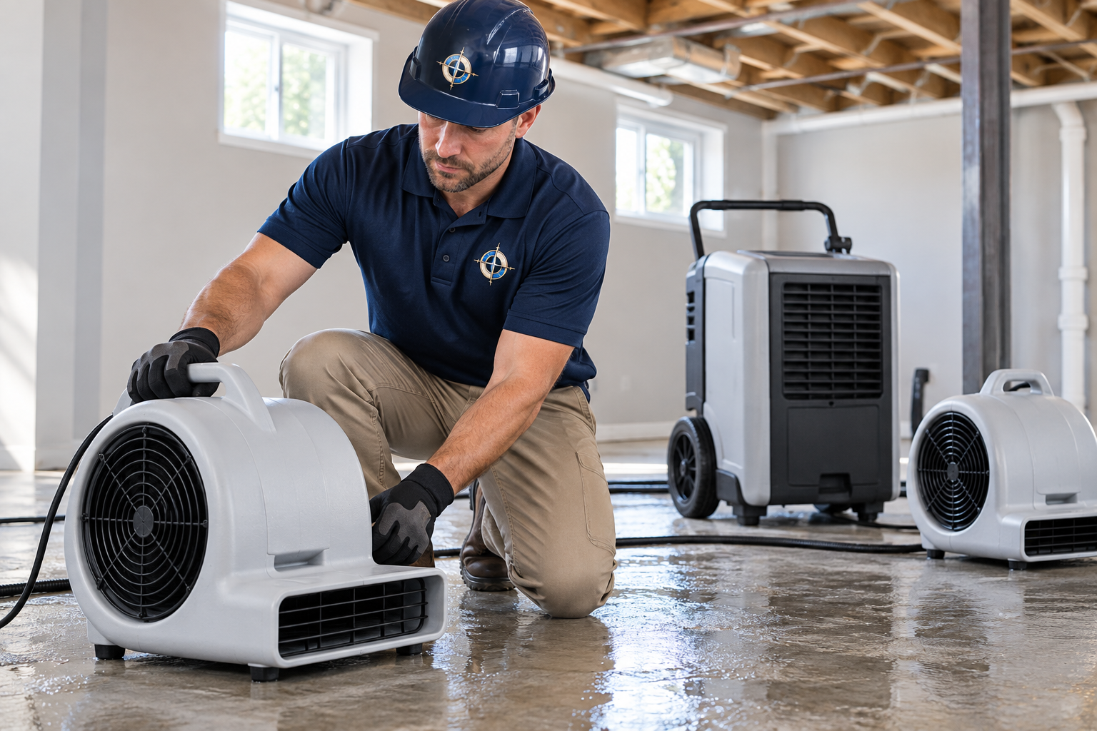 A technician in a branded shirt and hard hat running water extraction and drying equipment in an unfinished room