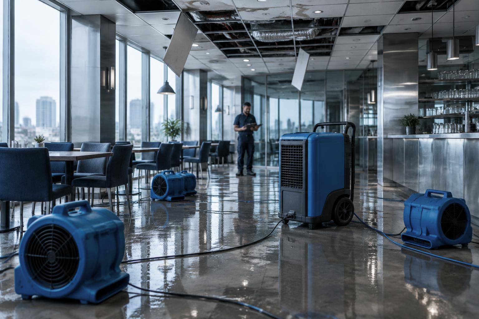 A room mid-restoration with air movers and a dehumidifier running and the floor protected
