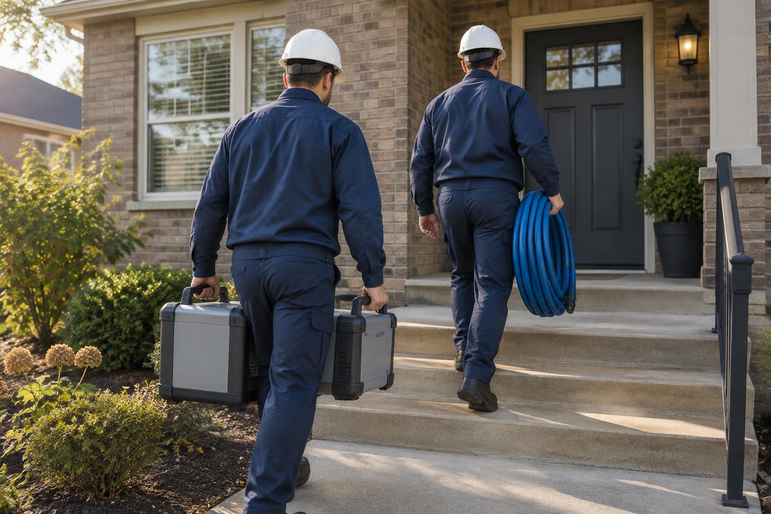 Two crew members in matching branded uniforms and hard hats carrying restoration equipment up the steps to a house