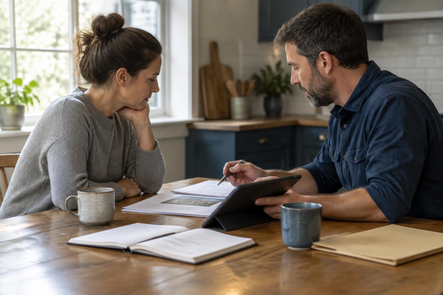 A project manager going through the scope of work with a homeowner at the kitchen table