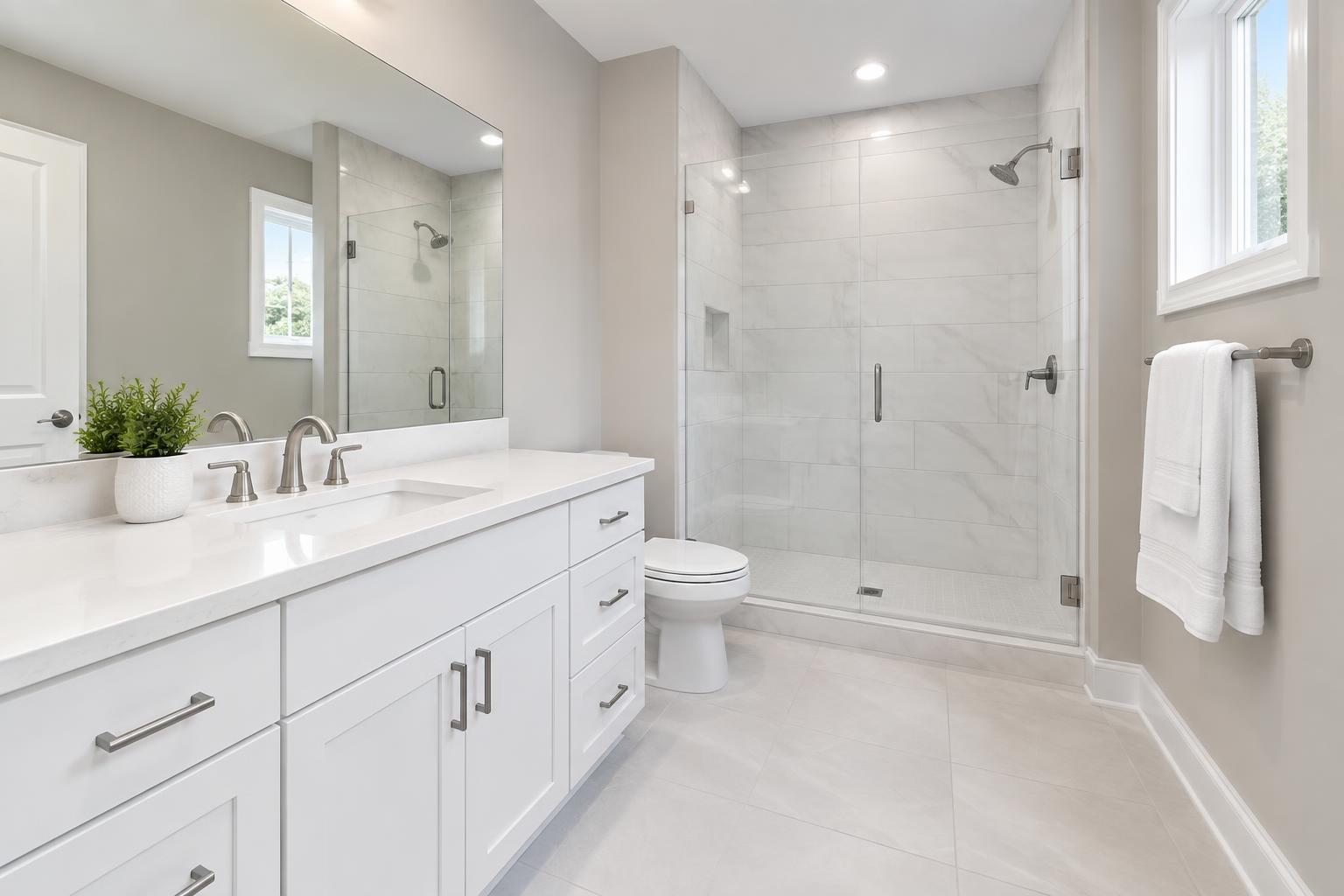 A finished bathroom with a glass shower enclosure and a white vanity after a full rebuild