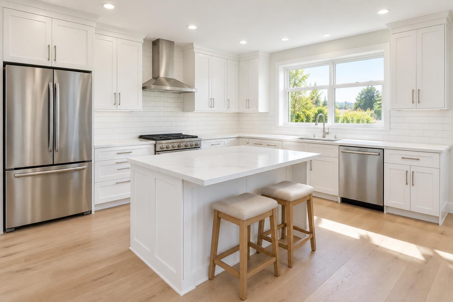 A finished kitchen with white shaker cabinetry and a marble-topped island after a full rebuild
