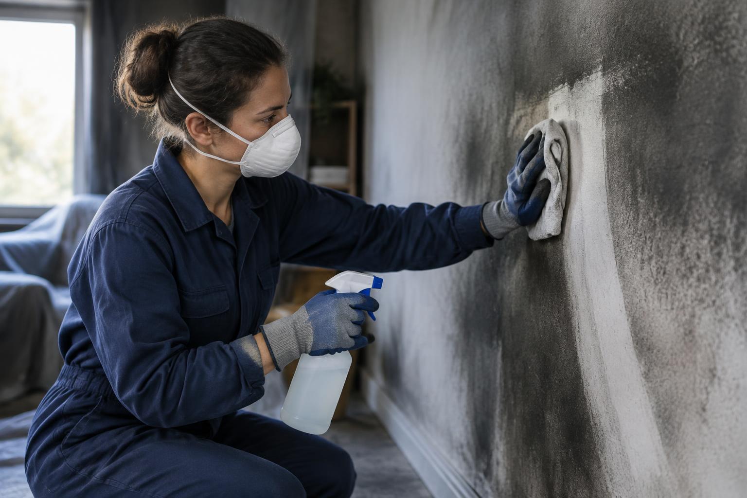 A technician in protective gear cleaning smoke residue from a wall by hand